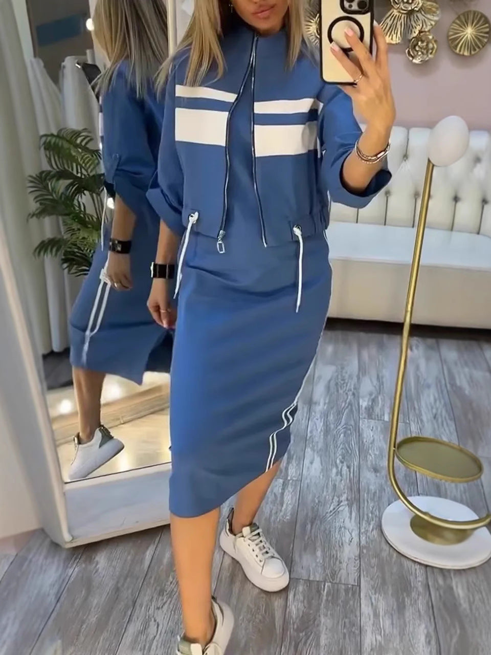 Conjunto de chaqueta y vestido con cuello alto para mujer