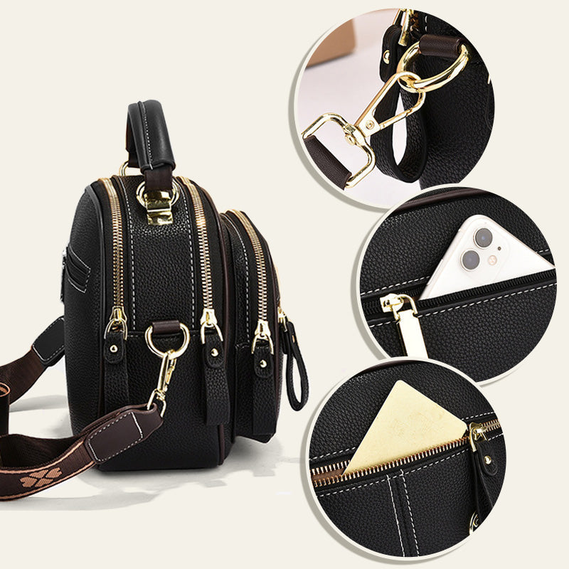 Bolso clásico con múltiples compartimentos y bandolera ancha y ajustable