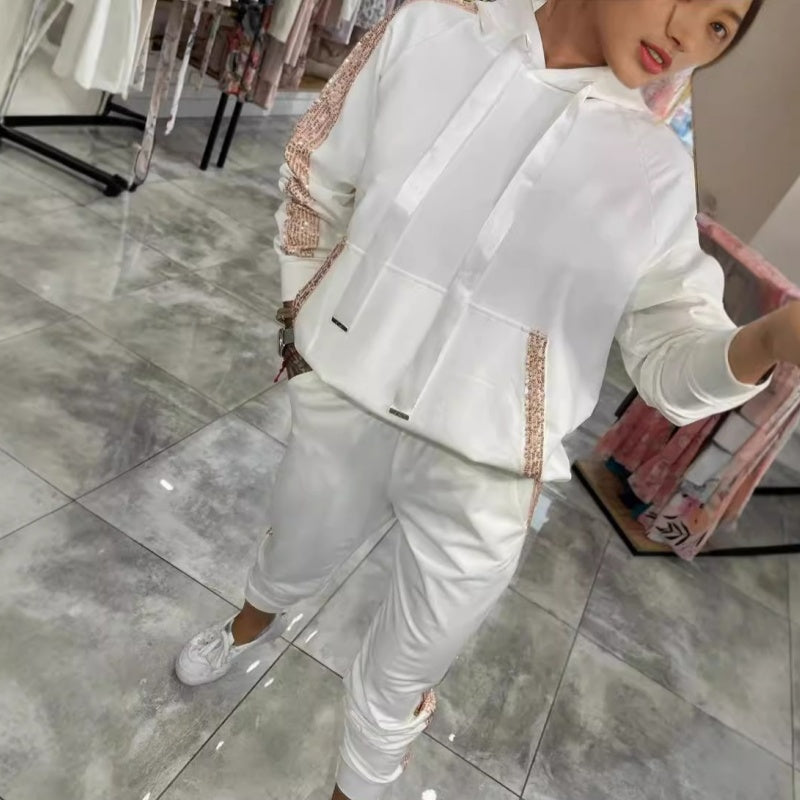 Conjunto de 2 piezas: sudadera con capucha y cordón ajustable para mujer y pantalones.