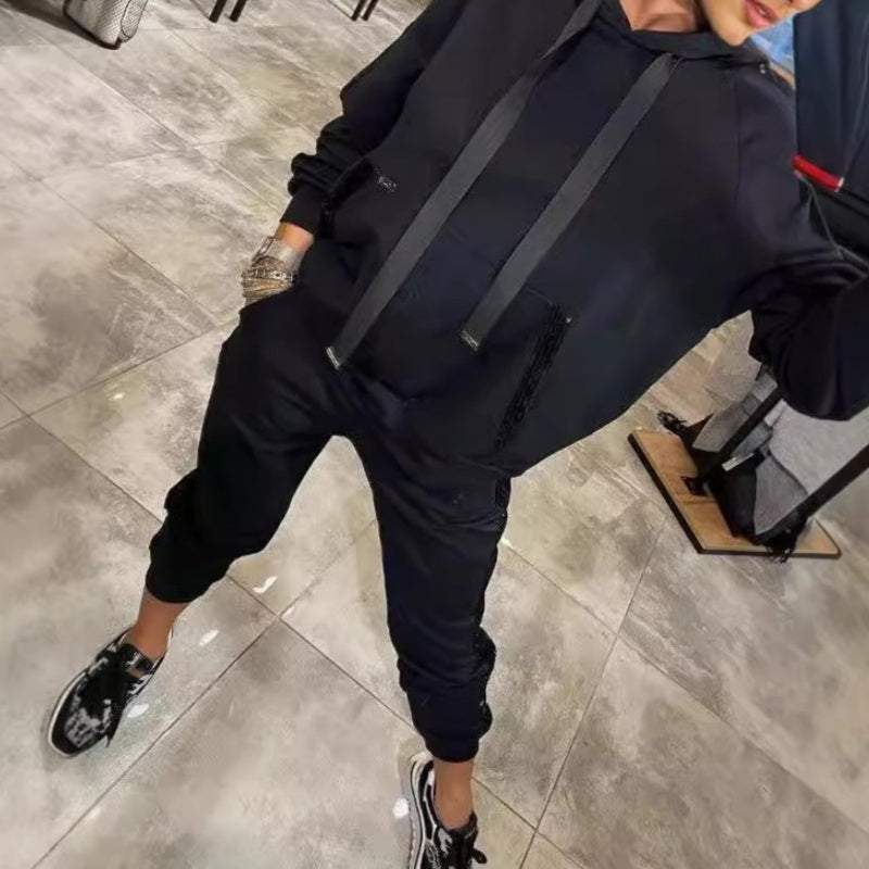 Conjunto de 2 piezas: sudadera con capucha y cordón ajustable para mujer y pantalones.