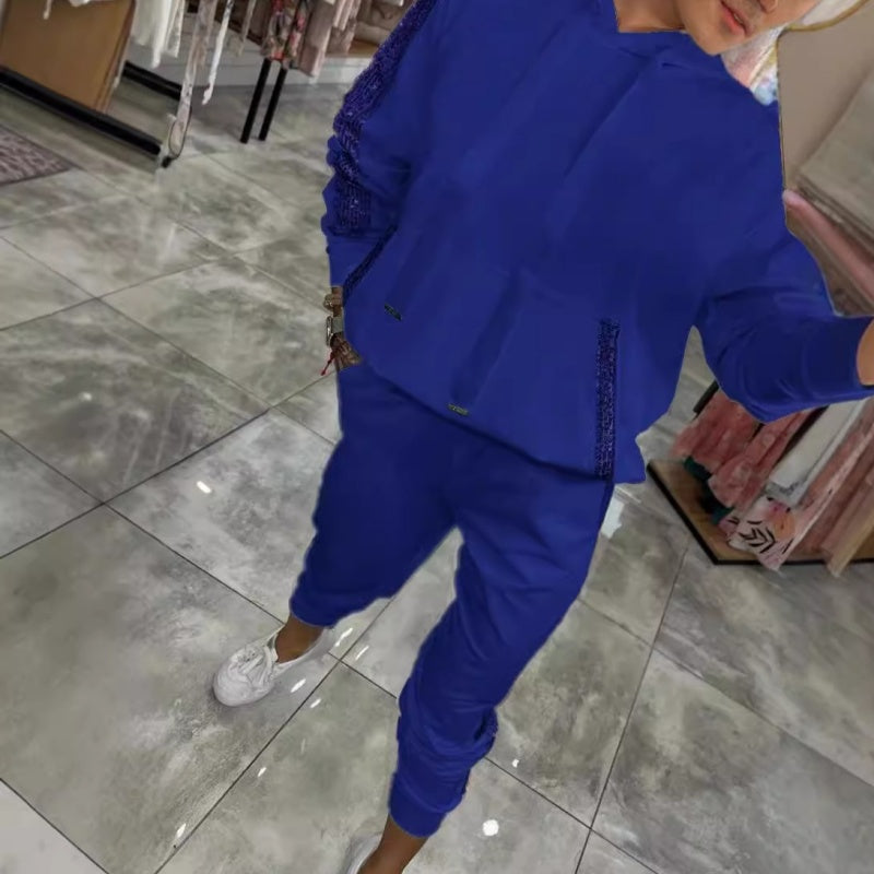 Conjunto de 2 piezas: sudadera con capucha y cordón ajustable para mujer y pantalones.