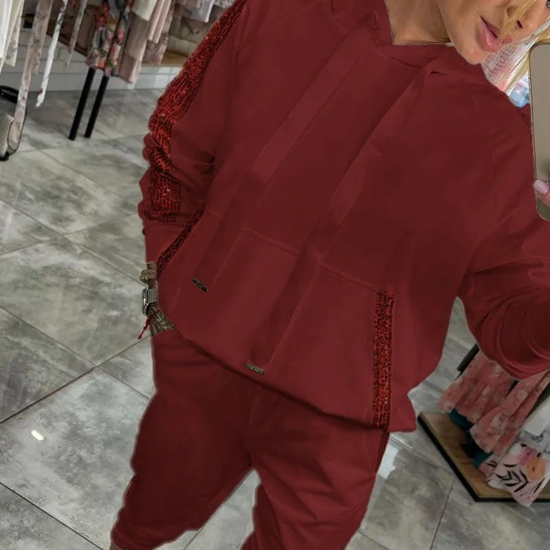 Conjunto de 2 piezas: sudadera con capucha y cordón ajustable para mujer y pantalones.