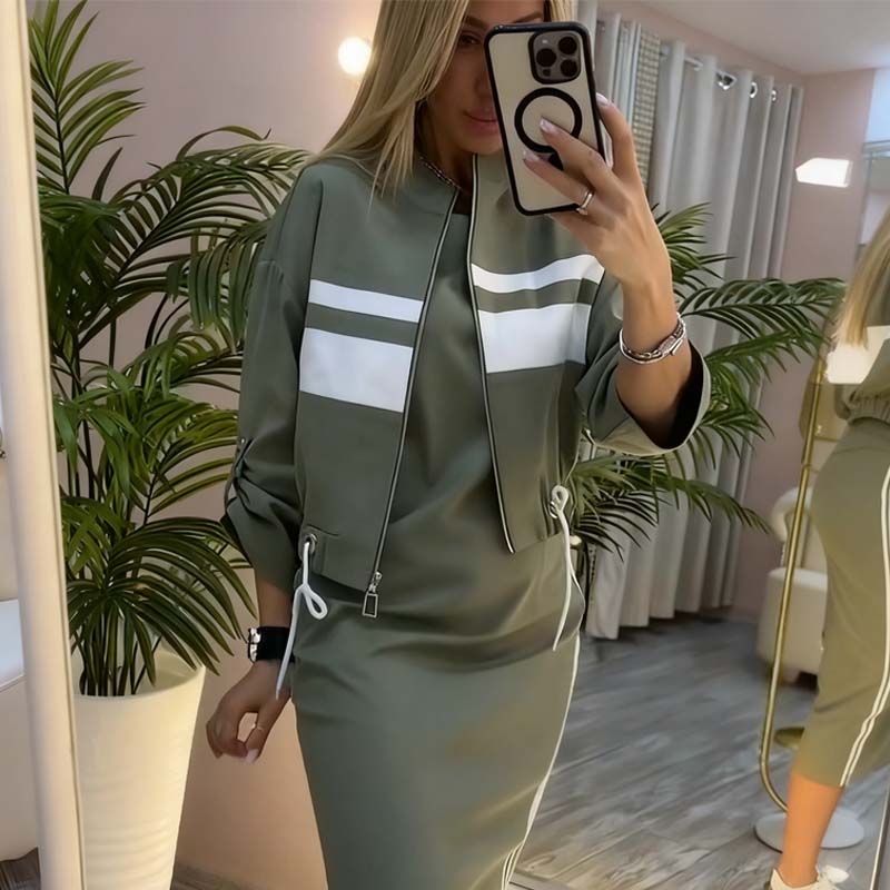 Conjunto de chaqueta y vestido con cuello alto para mujer