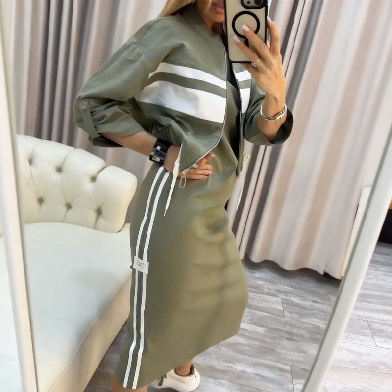 Conjunto de chaqueta y vestido con cuello alto para mujer